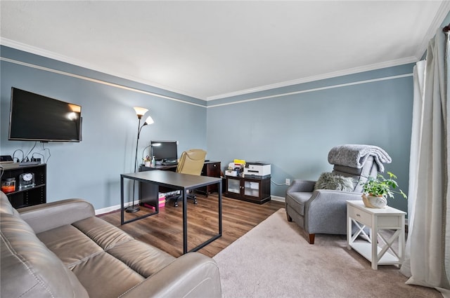 office space featuring wood-type flooring and ornamental molding