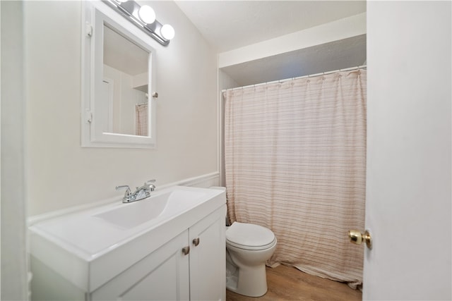 bathroom with vanity, wood-type flooring, and toilet