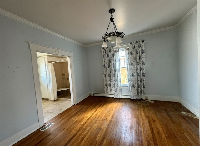 unfurnished room with a chandelier, light wood-type flooring, a baseboard radiator, and crown molding