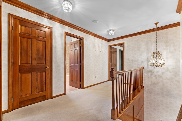 hall with a chandelier, light carpet, and crown molding