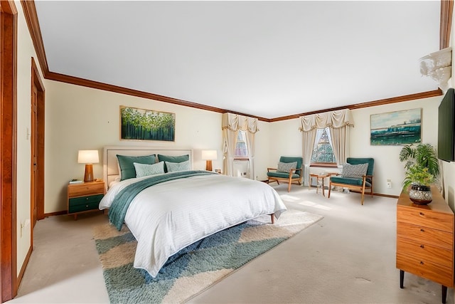 bedroom with light carpet and crown molding