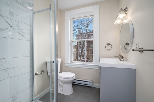 bathroom with a baseboard radiator, walk in shower, tile patterned floors, toilet, and vanity