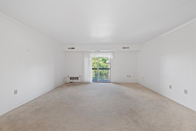 empty room with light carpet and ornamental molding