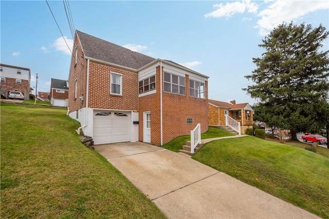 view of property exterior with a yard and a garage