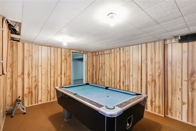 playroom featuring carpet flooring, wood walls, and billiards