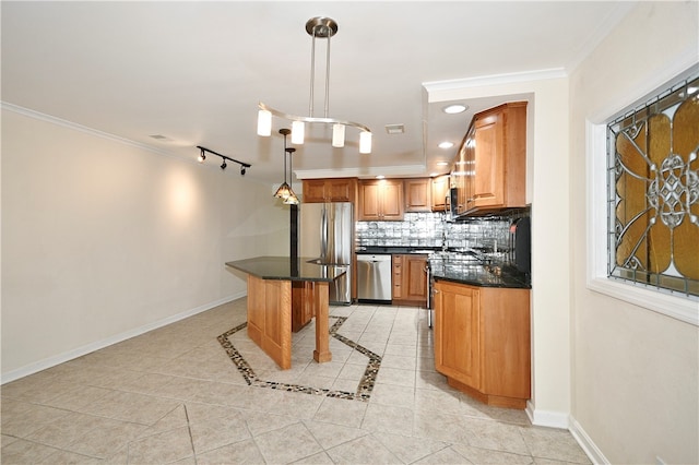 kitchen with tasteful backsplash, stainless steel appliances, light tile patterned floors, a center island, and hanging light fixtures