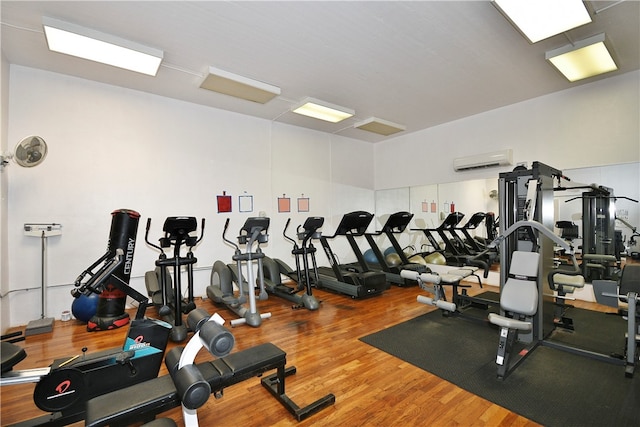 exercise room with hardwood / wood-style floors and a wall unit AC