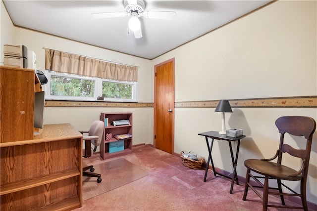 carpeted office with ceiling fan