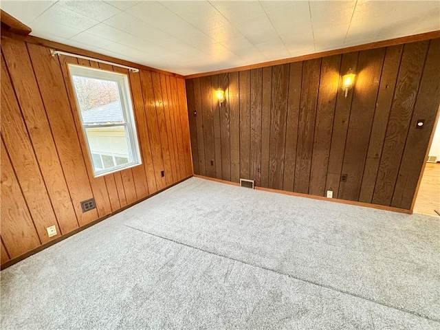 carpeted empty room featuring wood walls