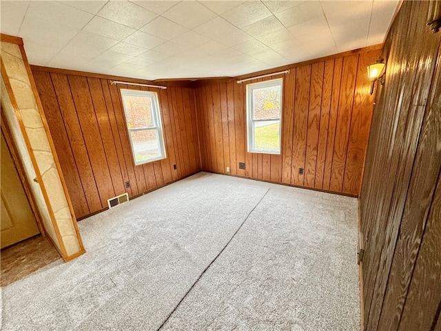 carpeted spare room with wood walls