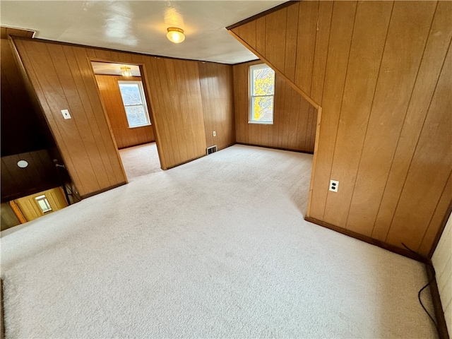 additional living space featuring wood walls, a healthy amount of sunlight, and light carpet