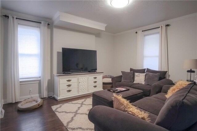 living room with dark hardwood / wood-style floors and crown molding