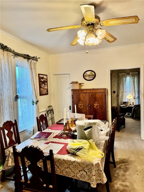 carpeted dining space with ceiling fan and crown molding