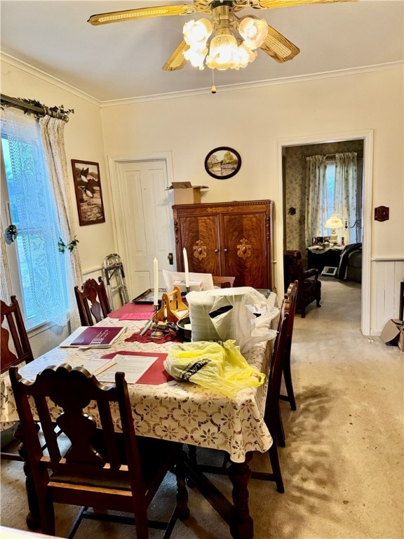 carpeted dining room with crown molding and ceiling fan