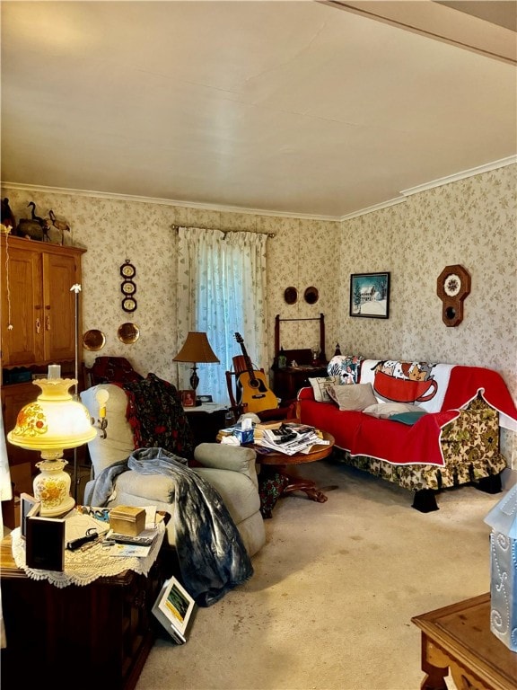 carpeted bedroom with ornamental molding