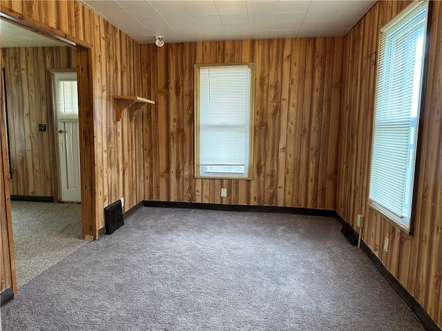 carpeted spare room with wooden walls