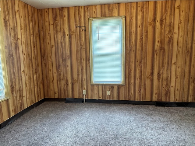 empty room with carpet floors, a wealth of natural light, and wood walls