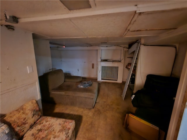 basement with radiator heating unit