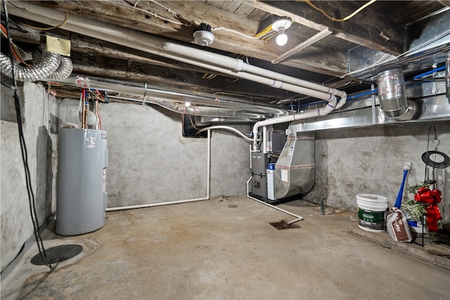 basement with heating unit and water heater