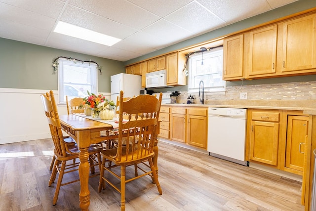 kitchen featuring tasteful backsplash, a drop ceiling, white appliances, sink, and light hardwood / wood-style flooring