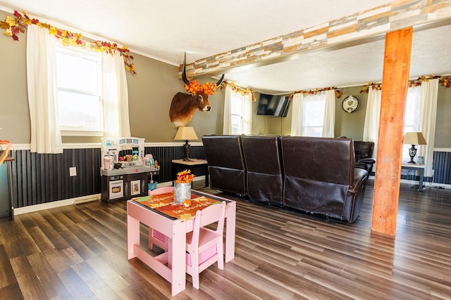 living room featuring a textured ceiling, dark hardwood / wood-style floors, and crown molding