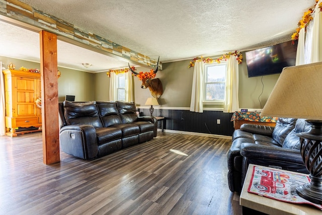 living room with a textured ceiling, ornamental molding, dark wood-type flooring, and wooden walls