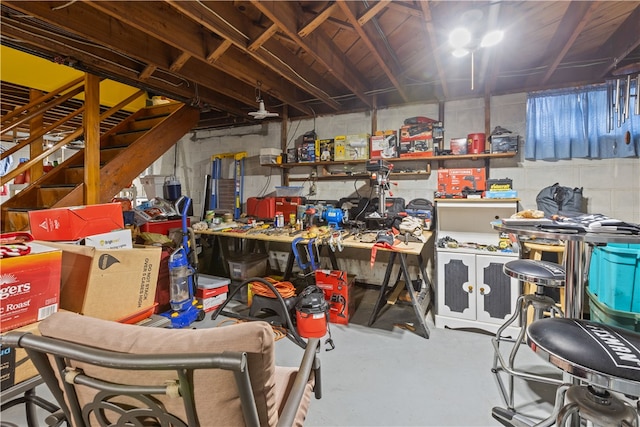 basement featuring a workshop area