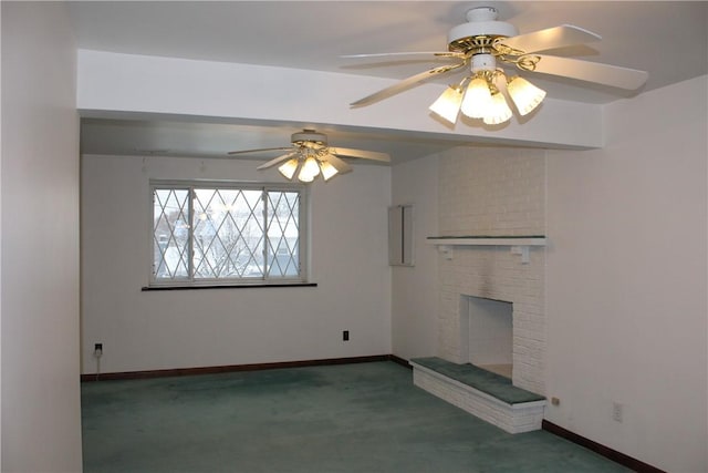 unfurnished living room featuring ceiling fan, dark carpet, and a brick fireplace