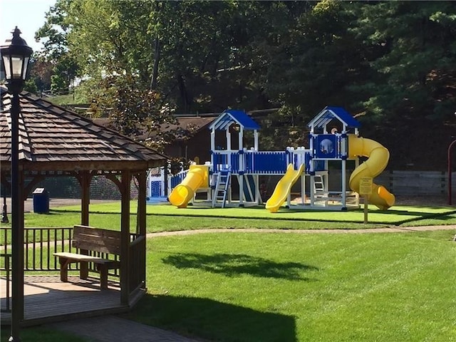 view of jungle gym featuring a gazebo and a yard