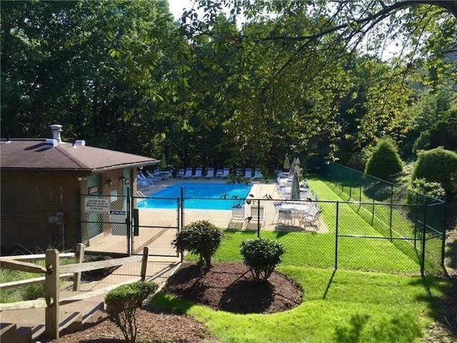 view of swimming pool featuring a yard