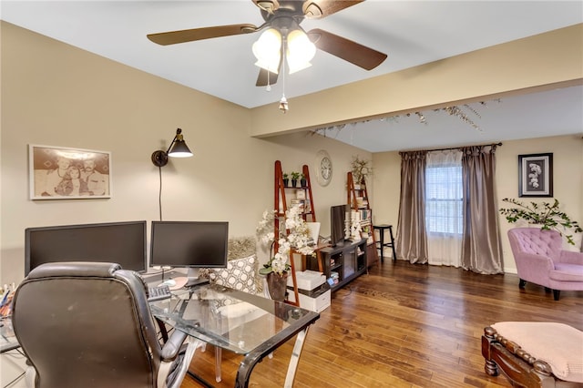 home office featuring hardwood / wood-style flooring and ceiling fan