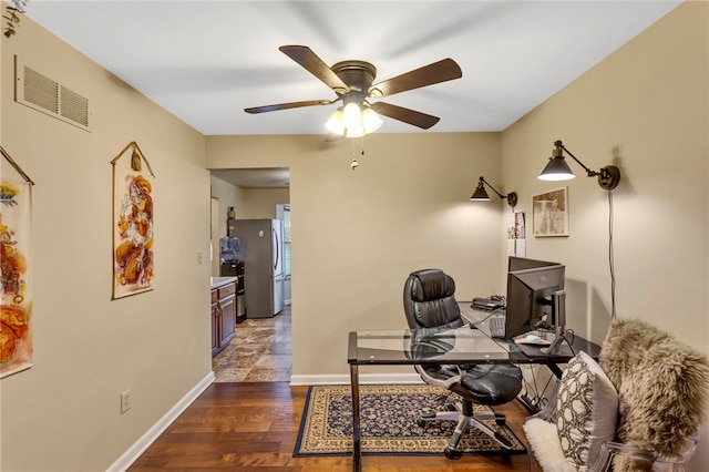 home office with ceiling fan and dark wood-type flooring