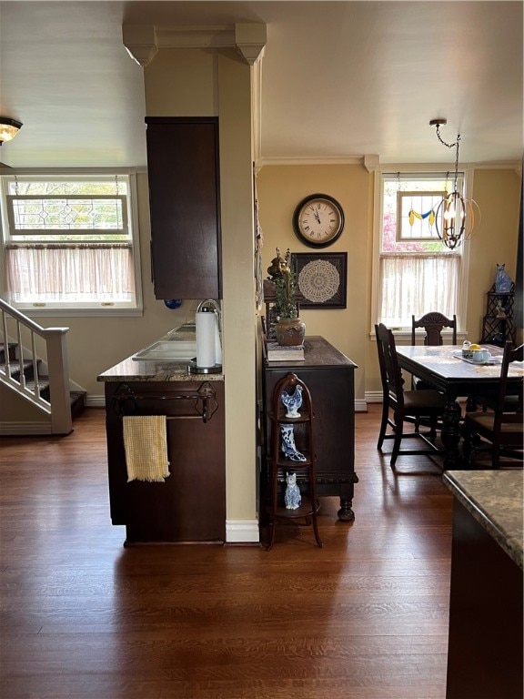 kitchen with ornamental molding, dark hardwood / wood-style floors, hanging light fixtures, and a notable chandelier