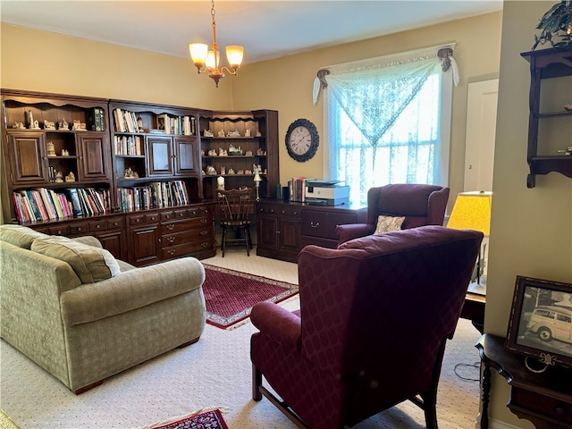 interior space featuring a chandelier and light colored carpet