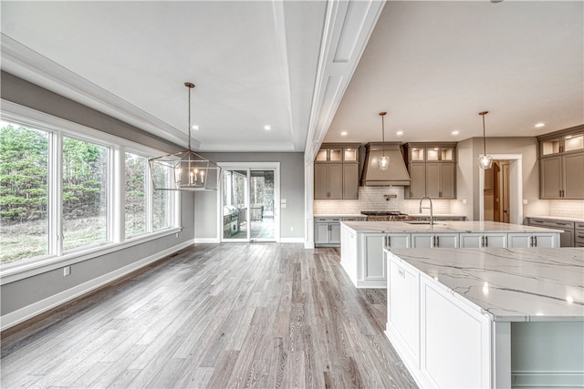 kitchen with tasteful backsplash, premium range hood, a spacious island, hardwood / wood-style floors, and hanging light fixtures