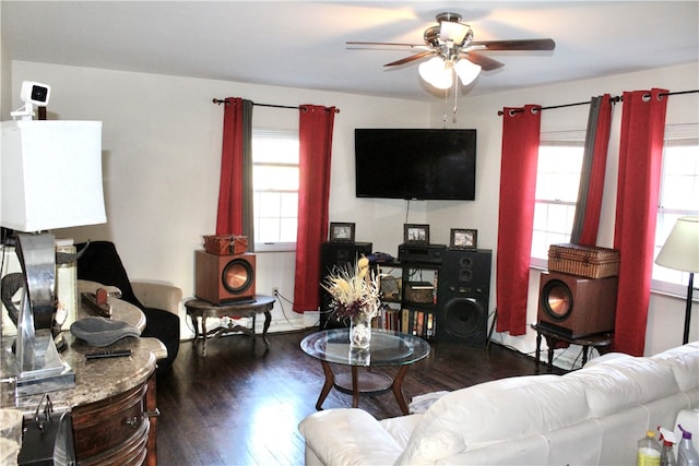 living room with ceiling fan and dark hardwood / wood-style flooring