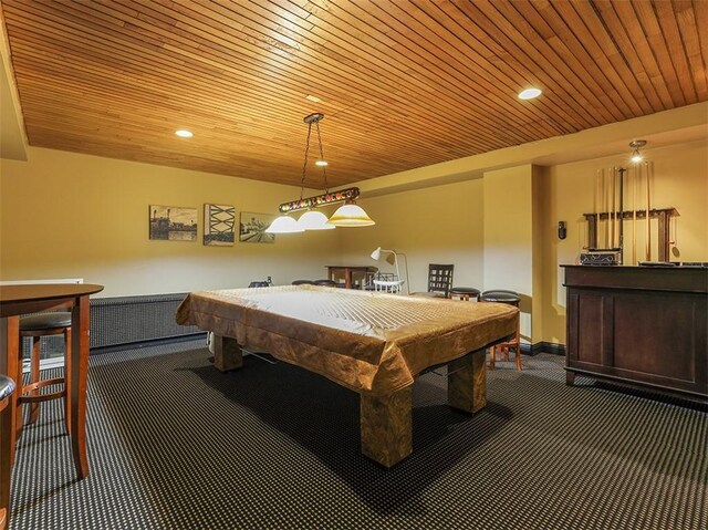 playroom featuring dark colored carpet, wood ceiling, and billiards