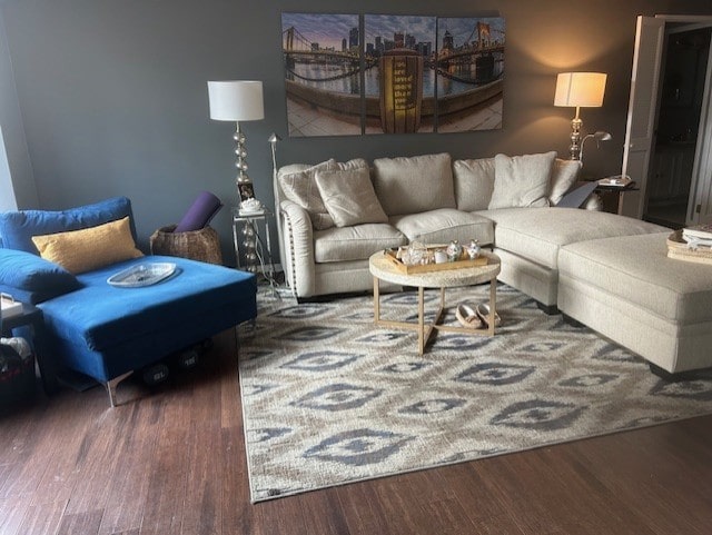 living room with dark hardwood / wood-style flooring