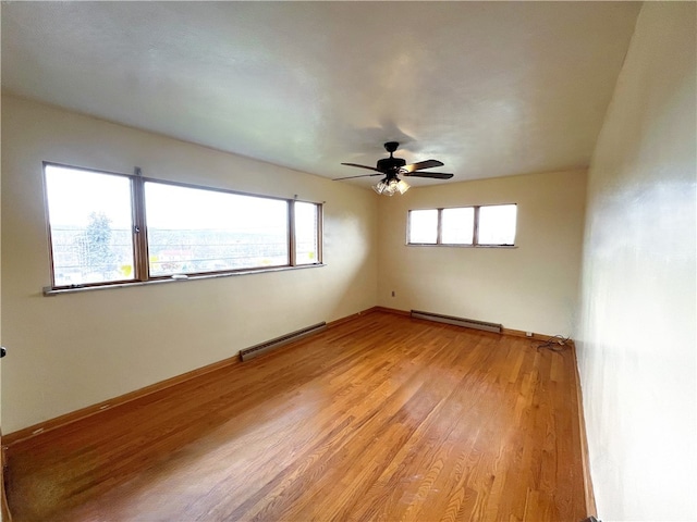 unfurnished room featuring light wood-type flooring, ceiling fan, and a baseboard heating unit