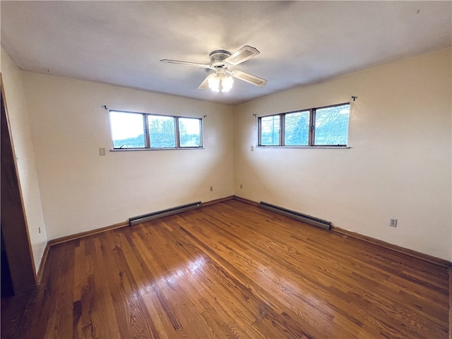 spare room featuring hardwood / wood-style floors, a baseboard radiator, and ceiling fan