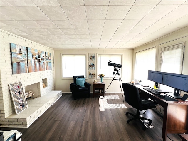 office featuring a fireplace and dark hardwood / wood-style flooring