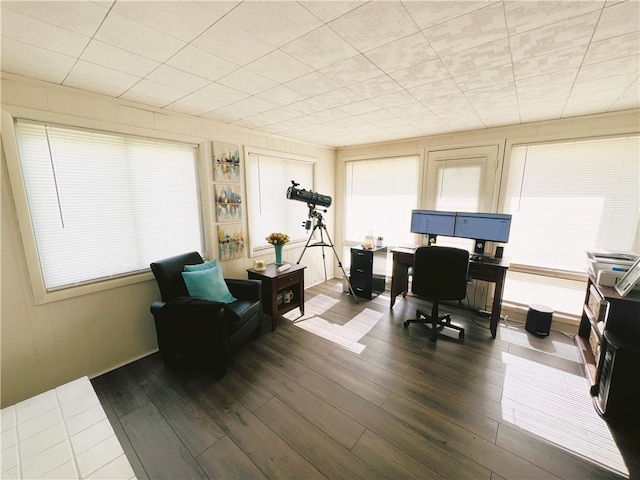 home office featuring a wealth of natural light and dark wood-type flooring