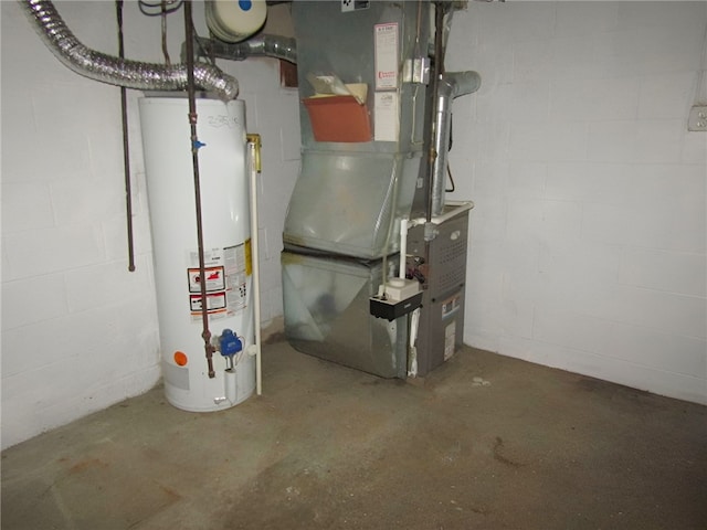 utility room featuring heating unit and water heater