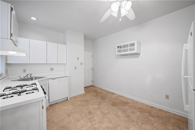 kitchen with white appliances, exhaust hood, sink, ceiling fan, and white cabinetry