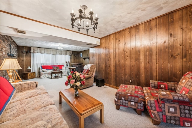 living room featuring wooden walls and light colored carpet