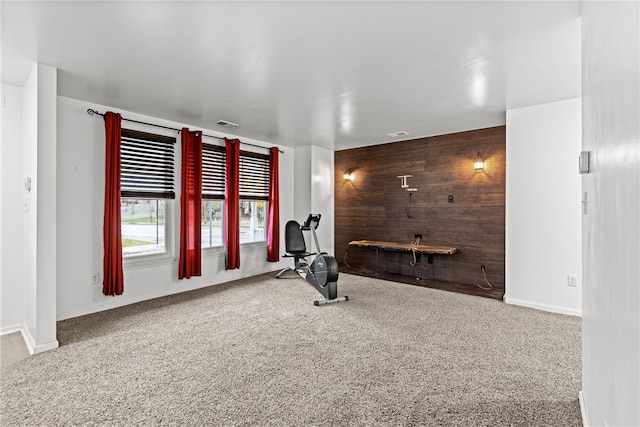 workout area featuring carpet and wooden walls