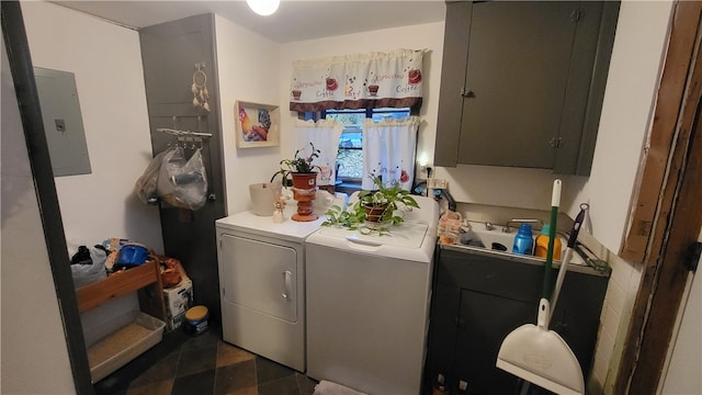 laundry room with washer and dryer, cabinets, sink, and electric panel