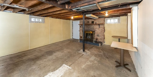 basement with a fireplace