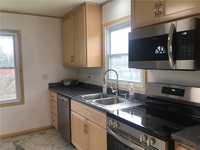 kitchen with appliances with stainless steel finishes, a healthy amount of sunlight, and sink