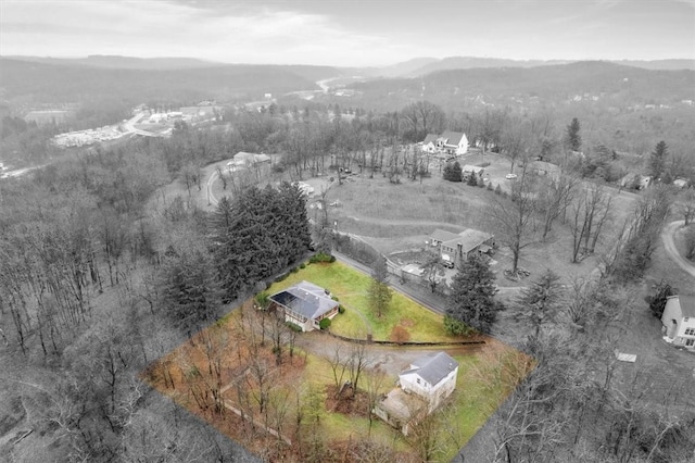 drone / aerial view featuring a mountain view